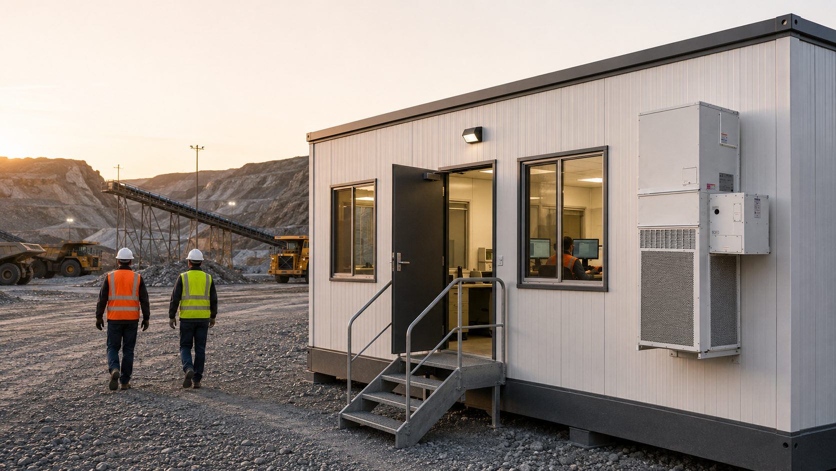 A VoltAire pressurization module mounted on the side of a modular field office at an active mine site, with workers in hi-vis vests walking past
